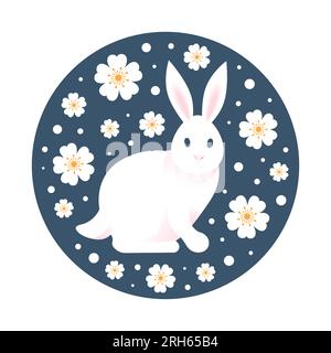 Conigli, fiori primaverili. Pasqua. Simbolo del Capodanno cinese 2023. Illustrazione vettoriale antimalistica brillante. Fiori Sakura asiatici. Per poster, cartolina Illustrazione Vettoriale