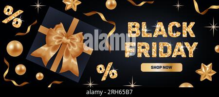Black Friday. Illustrazione vettoriale orizzontale brillante in vendita, stile realistico. Nastri dorati, perle, percentuali. Confezioni regalo. Scritta glitter. Per Illustrazione Vettoriale