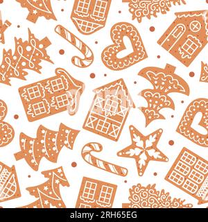 Pan di zenzero decorato con glassa. Su sfondo bianco. Motivo natalizio senza cuciture. biscotti tradizionali. Case, canna da zucchero, fiocchi di neve e cuori. Illustrazione Vettoriale