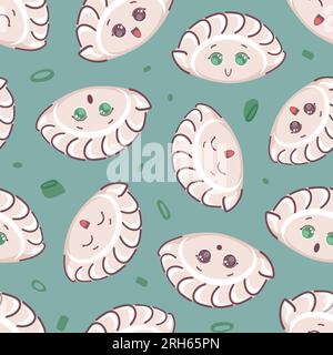 Jiaozi e green. Gnocchi fritti di Capodanno cinese con motivo senza cuciture, a forma di antichi lingotti d'argento e d'oro. Simpatico personaggio dei cartoni animati. Per la caffetteria del menu Illustrazione Vettoriale
