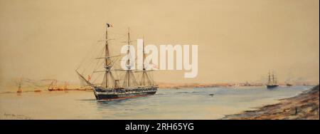 La Berenguela che passa attraverso il Canale di Suez, CA.1914. Spagna. Di Alejandro Arias Salgado. Questa fregata partecipò all'apertura del Canale di Suez nel 1869. Fu la prima nave da guerra spagnola a passare attraverso il canale, diretta verso le Filippine. Ad un certo punto, il capitano Alejandro Arias Salgado si trovò obbligato a scaricare l'artiglieria della nave poiché il suo pescaggio era troppo profondo. I cammelli l'hanno trainata per il resto del tragitto verso il Mar Rosso (dal 2 al 17 dicembre 1869). Museo Navale. Madrid, Spagna. Foto Stock