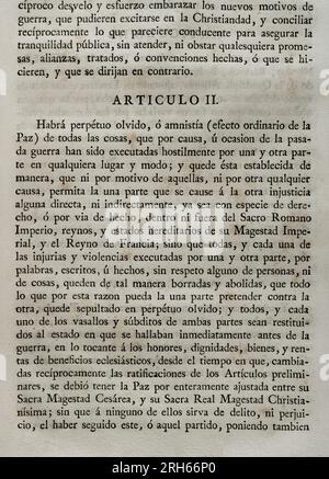 Adesione del re Filippo V di Spagna al trattato di Vienna (18 novembre 1738) tra l'imperatore Carlo vi di Germania e Luigi XV di Francia per porre fine alla guerra di successione polacca (1733-1738). La Spagna aderì l'anno successivo, firmando a Versailles il 21 aprile 1739. Fu ratificato da re Filippo V ad Aranjuez il 13 maggio successivo. Articolo II (sull'oblio perpetuo o l'amnistia per gli eventi bellici). Raccolta dei trattati di pace, Alleanza, commercio adattato dalla Corona di Spagna con le potenze straniere (Coleccion de los Tratados de Paz, Alianza, Comercio ajustados por la Corona de Espana co Foto Stock