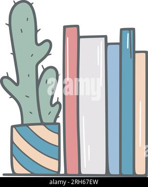 Illustrazione vettoriale disegnata a mano da scaffale e cactus. Scaffale con libri di testo e piante da casa. Leggere libri in stile doodle Illustrazione Vettoriale