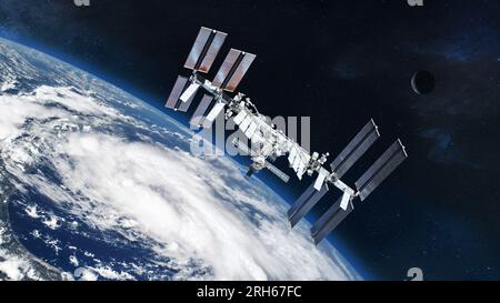 ISS con pannello solare scoperta atmosfera terrestre. Elemento di questa immagine fornito dalla NASA. Foto Stock