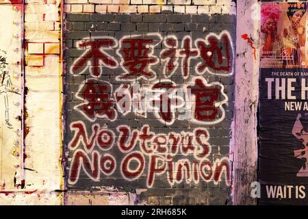 I contro-slogan anti-Pechino si vedono in Brick Lane. "Brick Lane a East London, storicamente celebrata per la sua eclettica Street art, è stata recentemente coinvolta in una controversa guerra dei graffiti. Il conflitto è iniziato sabato 5, quando un gruppo di artisti ha mostrato i "12 valori socialisti fondamentali" del Partito Comunista Cinese. In 24 caratteri cinesi rossi in grassetto su una parete di 100 metri. Questi valori sono "prosperità”, "democrazia”, "civiltà” e "armonia”; i valori sociali di "libertà”, "uguaglianza”, "giustizia” e "Stato di diritto”; e i valori individuali di "patriottismo”, "dedizione”, "integrità” e "f Foto Stock