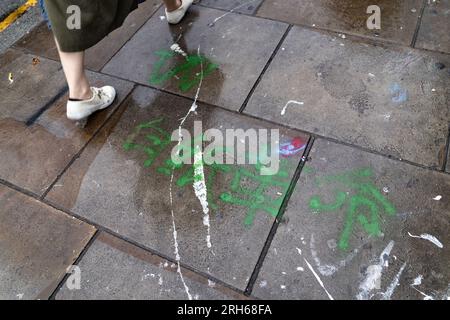 Londra, Regno Unito. 8 agosto 2023. I controslogan anti-Pechino "rivoluzione del Libro bianco" si vedono in Brick Lane. "Brick Lane a East London, storicamente celebrata per la sua eclettica Street art, è stata recentemente coinvolta in una controversa guerra dei graffiti. Il conflitto è iniziato sabato 5, quando un gruppo di artisti ha mostrato i "12 valori socialisti fondamentali" del Partito Comunista Cinese. In 24 caratteri cinesi rossi in grassetto su una parete di 100 metri. Questi valori sono "prosperità", "democrazia", "civiltà" e "armonia"; i valori sociali di "libertà", "uguaglianza", "giustizia" e "regola" Foto Stock