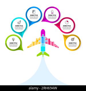 Modello infografico con icone e 6 opzioni o passaggi. Aereo. Può essere utilizzato per layout del flusso di lavoro, diagrammi, banner, webdesign. Illustrazione vettoriale Illustrazione Vettoriale
