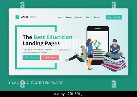 Modello di landing page vettoriale flat per l'istruzione online e persone che lavorano su computer e leggono libri e si trovano su una pila di libri. Vettore piatto Illustrazione Vettoriale