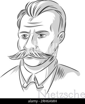 Nietzsche Philosopher disegnato a mano illustrazioni Ritratto Illustrazione Vettoriale