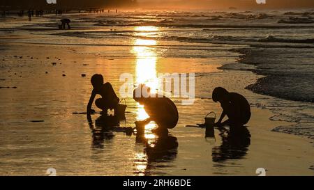 (230814) -- DONGXING, 14 agosto 2023 (Xinhua) -- i turisti si divertono all'alba sulla spiaggia di Jintan a Dongxing, nella regione autonoma di Guangxi Zhuang nel sud della Cina, 14 agosto 2023. La spiaggia di Jintan, situata nella parte meridionale dell'isola di Wanwei, ha una costa di 15 chilometri e prende il nome dal suo colore di sabbia dorata. (Xinhua/Zhang Ailin) Foto Stock