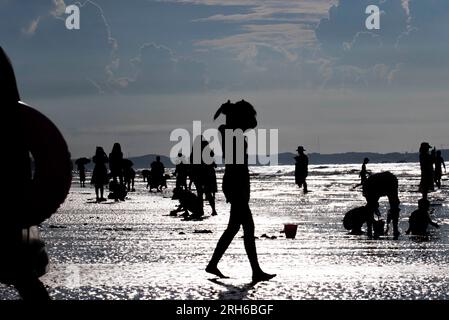 (230814) -- DONGXING, 14 agosto 2023 (Xinhua) -- i turisti si divertono prima dell'alba sulla spiaggia di Jintan a Dongxing, nella regione autonoma Guangxi Zhuang della Cina meridionale, 14 agosto 2023. La spiaggia di Jintan, situata nella parte meridionale dell'isola di Wanwei, ha una costa di 15 chilometri e prende il nome dal suo colore di sabbia dorata. (Xinhua/Yang Zhisen) Foto Stock