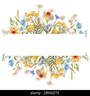 Splendida cornice floreale con acquerello di fiori di campo selvatici estivi disegnati a mano. Giardino con vegetazione floreale fiori selvatici per l'invito al matrimonio. Natura selvaggia Foto Stock