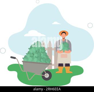 coltivatore e grande coltura di cavolo.concetto di giardinaggio e verdure.illustrazione vettoriale piatta. Illustrazione Vettoriale