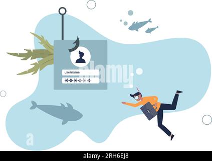 Phishing o furto di informazioni personali, finta schermata di accesso per hackerare nome utente, password, sicurezza informatica o concetto di sito Web di minaccia.flat Vector illustra Illustrazione Vettoriale