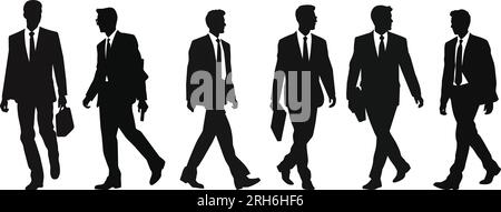 Una serie di uomini che camminano in diverse pose. Illustrazione vettoriale di sagome maschili in movimento. Un uomo in una tuta d'affari fa un passo. Visualizzazione a schermo intero Illustrazione Vettoriale