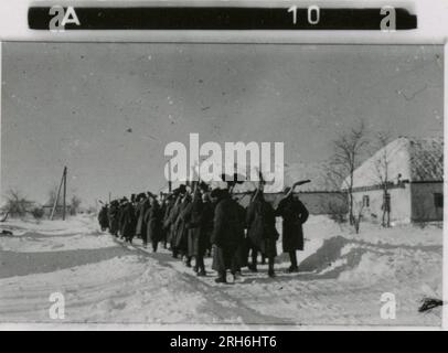 Fotografo delle SS, Geyk (Russia) scene invernali - scavare veicoli fuori dalla neve, combattere posizioni, pulire la neve dall'aeroporto con JU-52 e JU-188; premiare la formazione sul campo con Sepp Dietrich e altri ufficiali; spettacolo di soldati; artiglieria pesante; città distrutta e scene portuali; carro armato russo con bandiera tedesca; posto di osservazione; distrutte fortificazioni di Sebastopoli; campo di aviazione con JU-52; viste aeree del paesaggio; posizioni di combattimento su terreno montuoso; diverse immagini del generale Hermman Hoth; fuoco di Nebelwerfer, Panzerkampfwagen 38(t) Foto Stock