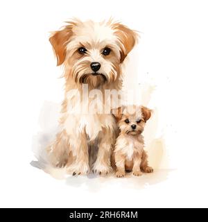 Illustrazione ad acquerello di uno Yorkshire terrier con un cane cucciolo. Cane su sfondo bianco isolato. Illustrazione Vettoriale