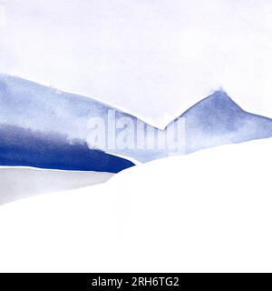 Paesaggio montano acquerello. Vista invernale. Scena per sciare. Sfondo astratto colorato. Blu e bianco. Poster per arte murale. Illustrazione. Foto Stock