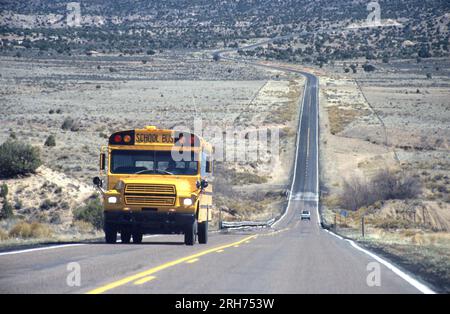 Paesaggio panoramico con strada tortuosa e scuolabus giallo in Nevada, Stati Uniti Foto Stock