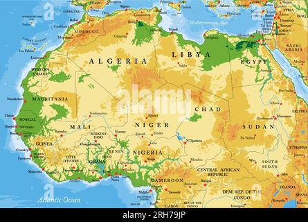 Mappa fisica molto dettagliata dell'Africa settentrionale e occidentale in formato vettoriale, con tutte le forme di rilievo, le regioni e le grandi città. Illustrazione Vettoriale
