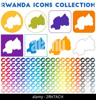 Collezione di icone del Ruanda. Icone luminose colorate e alla moda. Distintivo del Ruanda moderno con la mappa del paese. Illustrazione vettoriale. Illustrazione Vettoriale