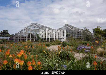 Casa in vetro dei Wisley Gardens vista dal giardino selvaggio appena piantato Foto Stock