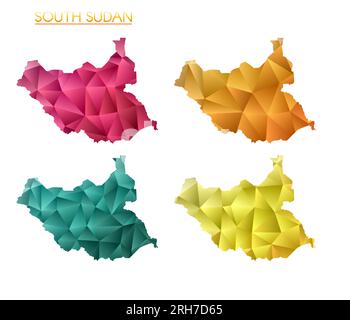Serie di mappe poligonali vettoriali del Sudan del Sud. Mappa del paese con gradiente luminoso in basso stile polietilene. Illustrazione Vettoriale
