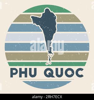 Logo Phu Quoc. Firma con la mappa dell'isola e strisce colorate, illustrazione vettoriale. Può essere utilizzato come insegna, logotipo, etichetta, adesivo o badge del Illustrazione Vettoriale