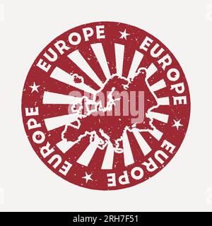 Francobollo europeo. Viaggia con il timbro rosso con la mappa del continente, illustrazione vettoriale. Illustrazione Vettoriale