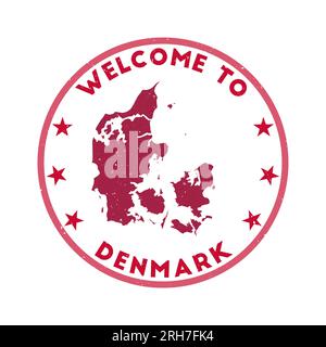 Benvenuto nel francobollo danese. Francobollo rotondo grunge country con trama in tema di colore Red Tape. Sigillo geometrico Danimarca in stile vintage. Illustrazione Vettoriale