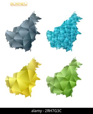 Serie di mappe poligonali vettoriali del Borneo. Mappa dell'isola con gradiente luminoso in stile poly basso. Mappa Borneo multicolore in stile geometrico per l'infografo Illustrazione Vettoriale