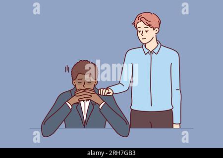 Man fornisce un supporto amichevole al collega afroamericano licenziato a causa della mancanza di competenze per la carriera nel business. Un giovane ragazzo gentile sostiene la persona etnica che è nei guai o ha perso affari Illustrazione Vettoriale