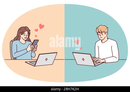 Coppia SMS on-line sul gadget avere rapporto a distanza. I messaggi di uomo e donna comunicano sui dispositivi. Amore e online dating concetto. Illustrazione vettoriale. Illustrazione Vettoriale