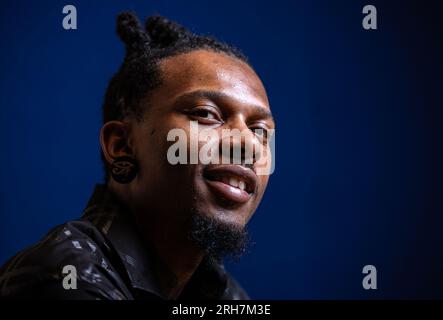 St Paul, Stati Uniti. 14 agosto 2023. Il rapper Lewiee Blaze (alias Lewis McCaleb) ha fotografato nello studio della High School for Recording Arts il 24 luglio 2023, a St Paul, Minnesota. (Carlos Gonzalez/Minneapolis Star Tribune/TNS/Sipa USA) credito: SIPA USA/Alamy Live News Foto Stock