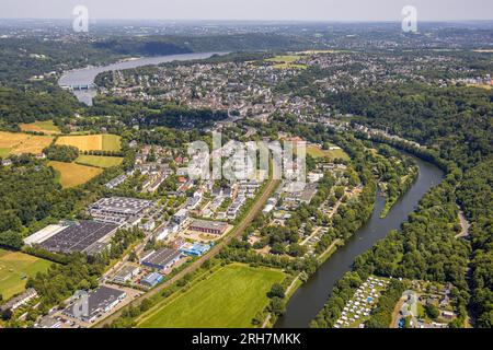 Vista aerea, vista città Werden, Verlag Beleke, Medienhaus Ruhr GmbH, Margreff Druck GmbH, fiume Ruhr, vista sulla città Werden, Essen, zona della Ruhr, Nord Reno-W. Foto Stock