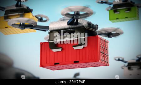 Unmanned fuchi che trasportano container. 3D'illustrazione. Foto Stock