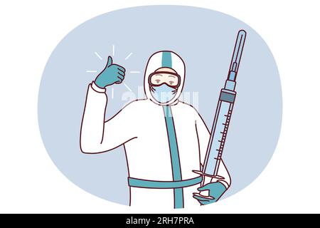 Medico sicuro nell'uniforme protettiva che tiene l'iniezione mostrando il pollice verso l'alto. Buon operatore medico con siringa pronta per la vaccinazione delle persone. Medicina, sanità. Illustrazione vettoriale. Illustrazione Vettoriale