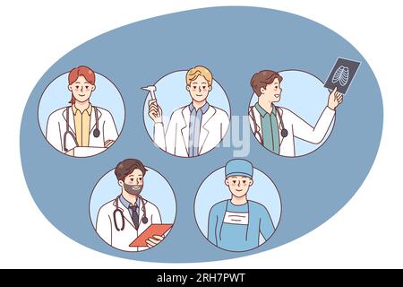 Immagini del profilo del personale medico in uniformi bianche. Avatar di medici e infermieri che lavorano in ospedale. Medicina e sanità. Illustrazione vettoriale. Illustrazione Vettoriale