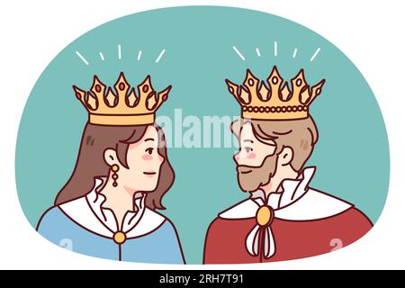 Re e regina in mantelli e corone si guardano l'un l'altro. Membri della famiglia reale in abiti. Regalità e monarchia. Illustrazione vettoriale. Illustrazione Vettoriale