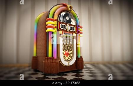Jukebox in piedi sul suolo dama accanto alla parete. 3D'illustrazione. Foto Stock