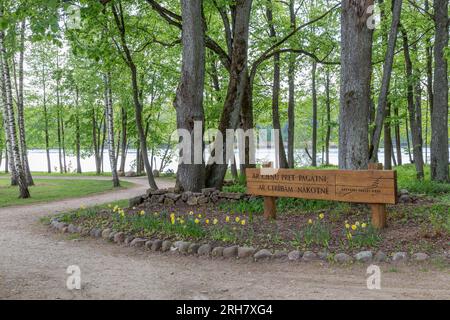 Koknese, Lettonia. 15 maggio 2023. Un paesaggio nel parco commemorativo Liktendarzs (il Giardino del destino). Foto Stock