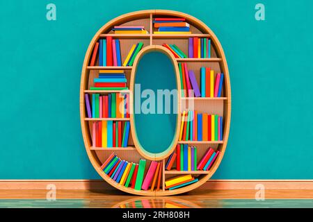 Numero 0 sotto forma di scaffali con libri nella stanza vicino alla parete, rendering 3D. Foto Stock