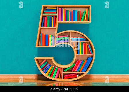 Numero 5 sotto forma di scaffali con libri nella stanza vicino alla parete, rendering 3D. Foto Stock