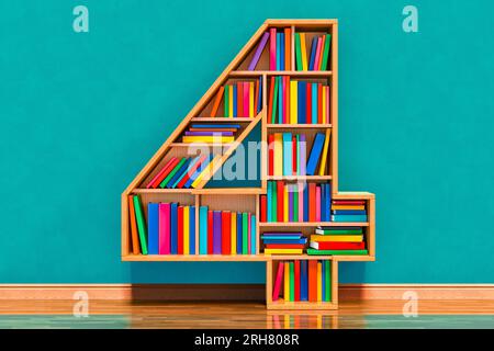 Numero 4 sotto forma di scaffali con libri nella stanza vicino alla parete, rendering 3D. Foto Stock