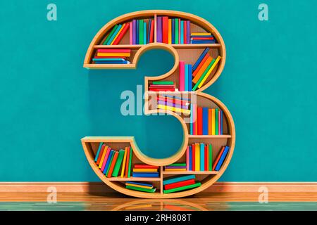 Numero 3 sotto forma di scaffali con libri nella stanza vicino alla parete, rendering 3D. Foto Stock