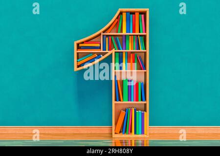 Numero 1 sotto forma di scaffali con libri nella stanza vicino alle pareti, rendering 3D. Foto Stock