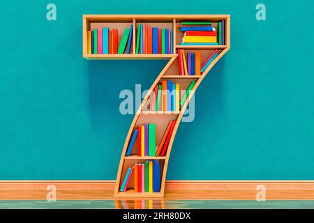 Numero 7 sotto forma di scaffali con libri nella stanza vicino alla parete, rendering 3D. Foto Stock