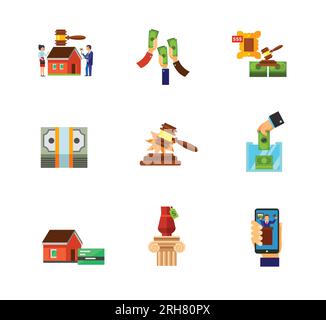 Set di icone del mercato d'asta Illustrazione Vettoriale