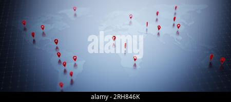 Concetto di connessione di rete e sistema di posizionamento globale (GPS). Mappa del mondo con tecnologia globale di localizzazione. Mappa del mondo astratta con Foto Stock