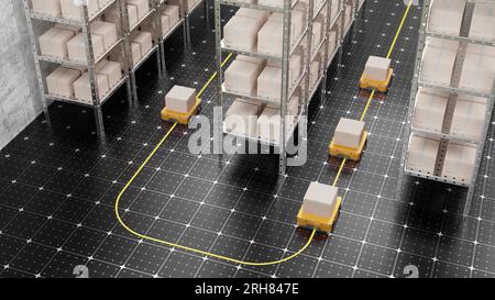 Robot AGV che consegnano scatole di cartone a un centro di distribuzione logistica. I robot si muovono lungo gli scaffali con le scatole lungo la linea gialla. AG. Automatizzato Foto Stock